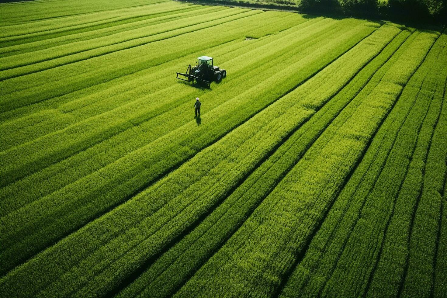AI generated Taking care of the Crop. Aerial view of a Tractor fertilizing a cultivated agricultural field. photo