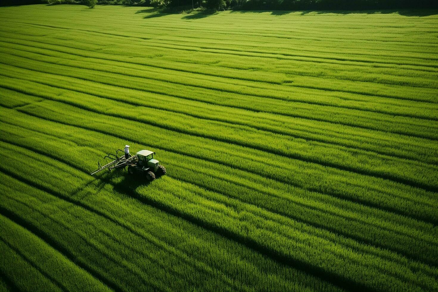AI generated Taking care of the Crop. Aerial view of a Tractor fertilizing a cultivated agricultural field. photo