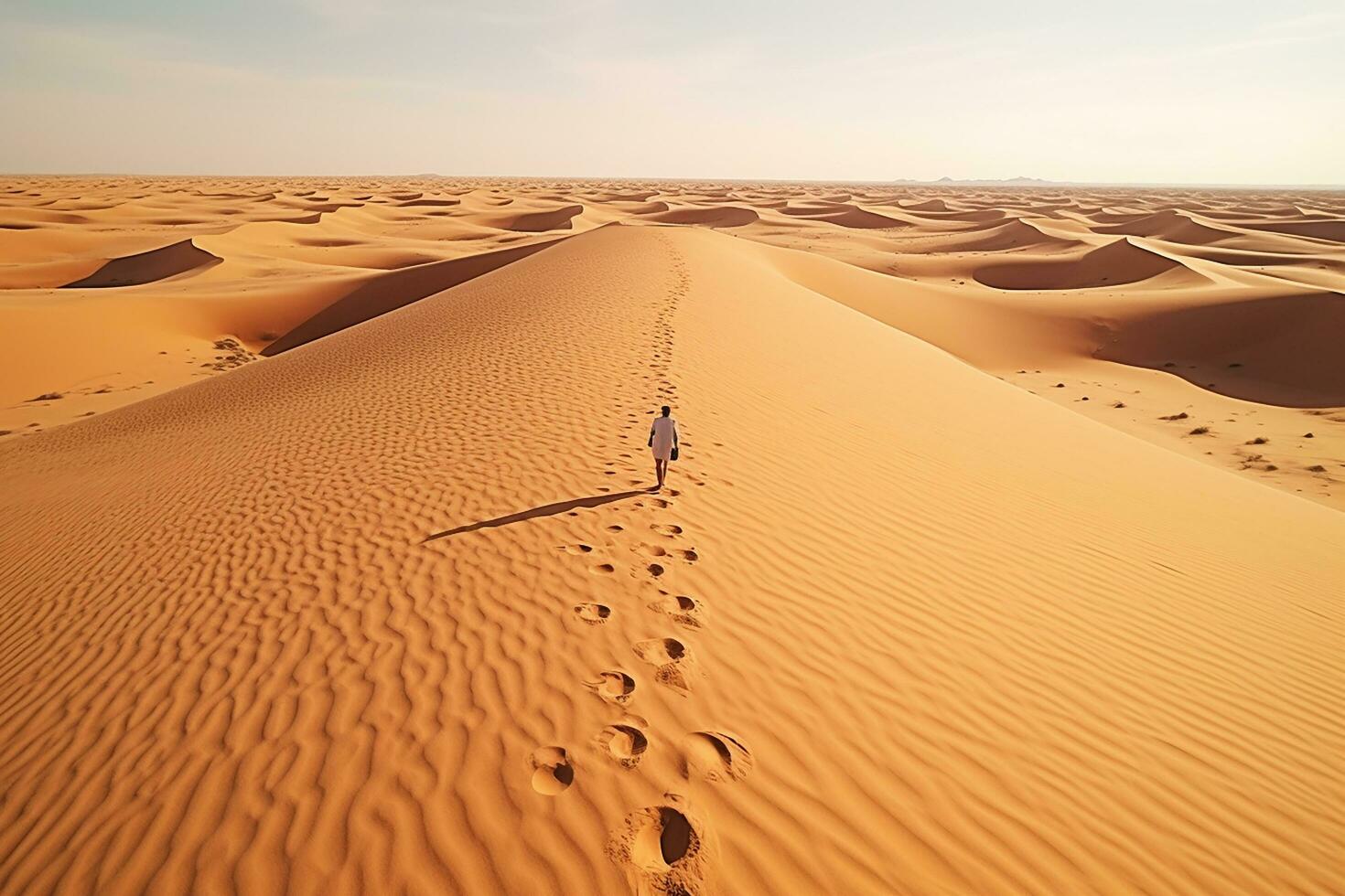 AI generated Arabic man with traditional emirates clothes walking in the desert and Dubai skyline in the background photo