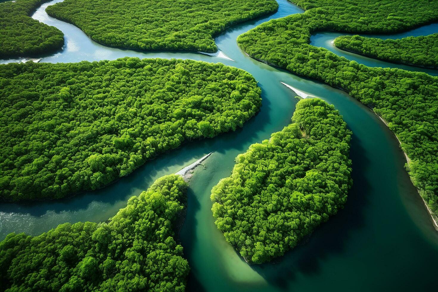 AI generated drone aerial birds eye view of a large green grass forest with tall trees and a big blue bendy river flowing through the forest photo