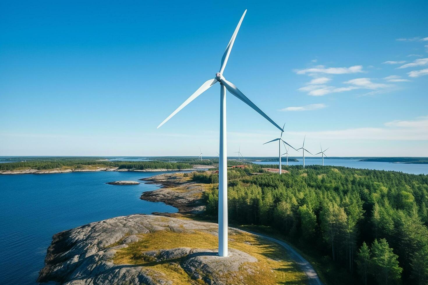 AI generated Windmill park in the ocean, drone aerial view of windmill turbines generating green energy electric, windmills isolated at sea photo