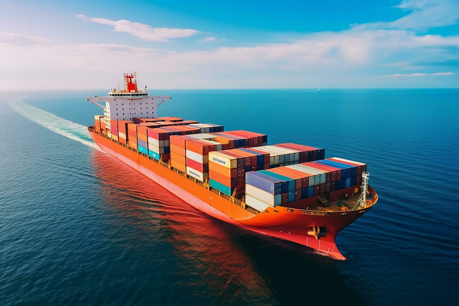 AI generated Aerial top down view of a large container cargo ship in motion over open ocean with copy space photo