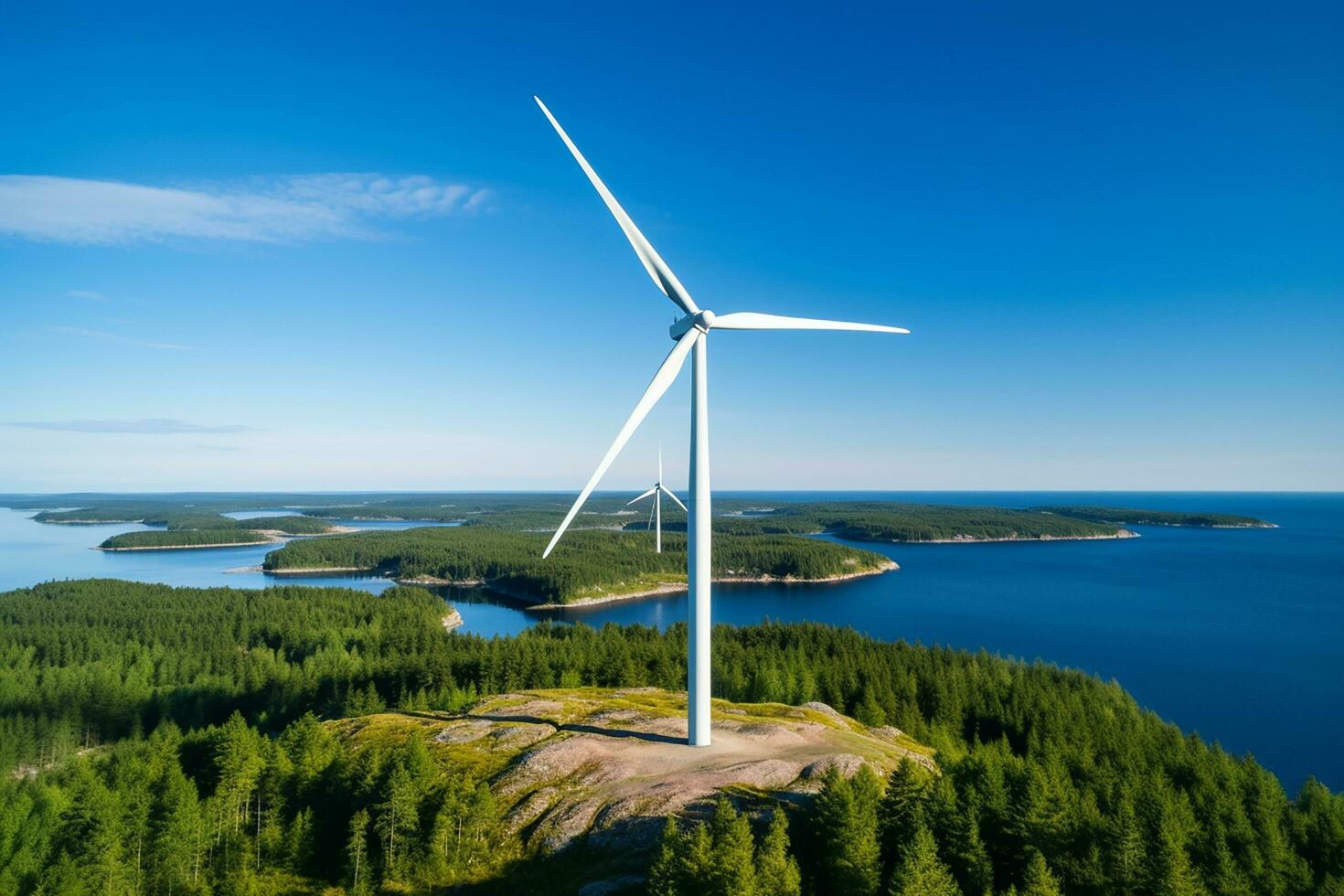 AI generated Windmill park in the ocean, drone aerial view of windmill turbines generating green energy electric, windmills isolated at sea photo