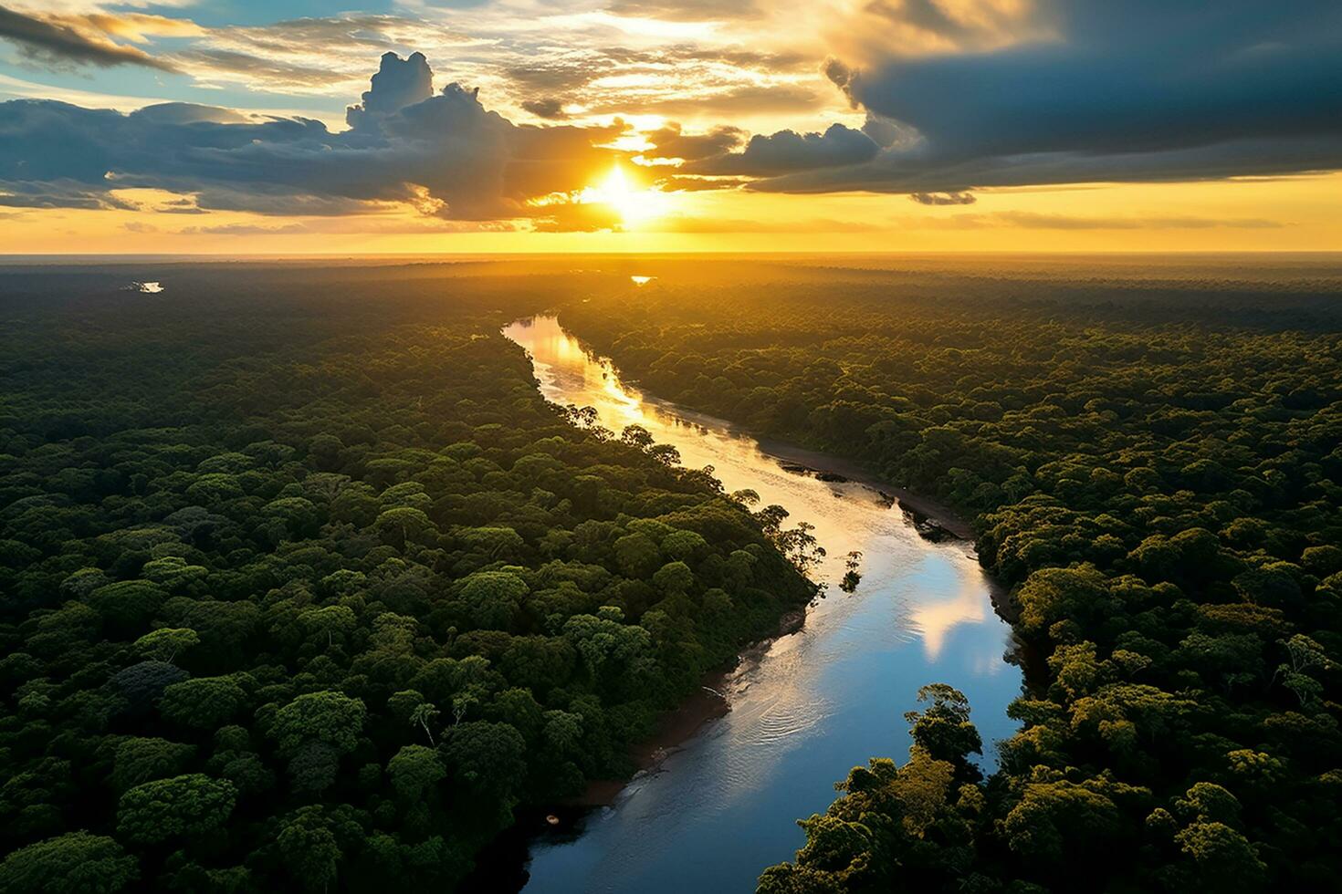 AI generated drone aerial birds eye view of a large green grass forest with tall trees and a big blue bendy river flowing through the forest photo