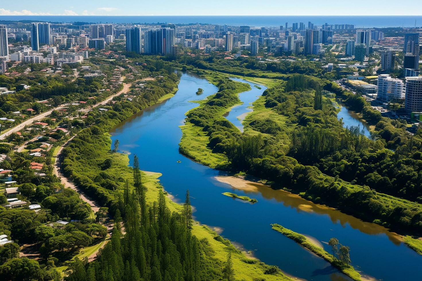 AI generated drone aerial birds eye view of a large green grass forest with tall trees and a big blue bendy river flowing through the forest photo