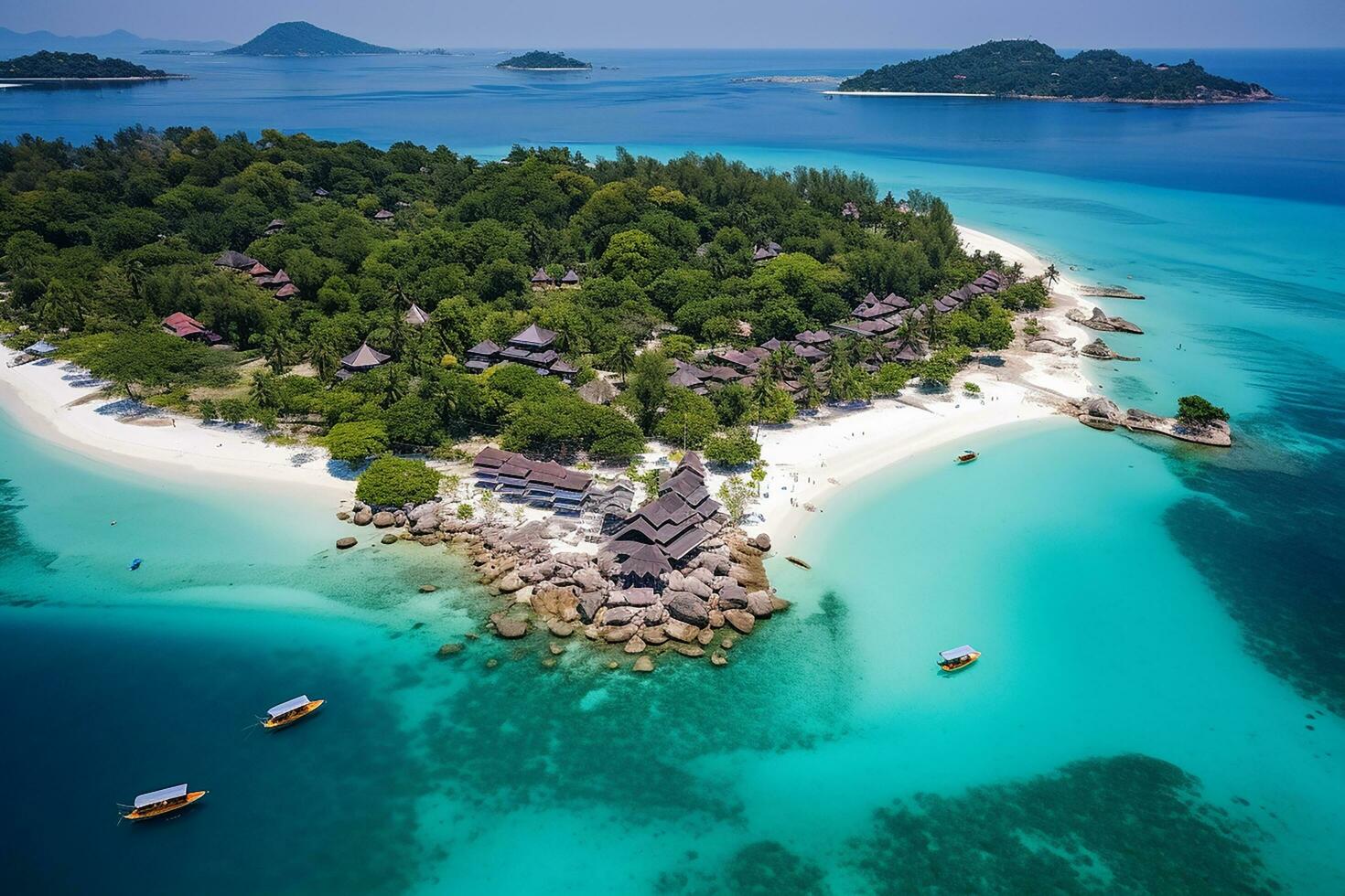 AI generated Aerial view of the long tail boats on tropical sea Freedom beach photo