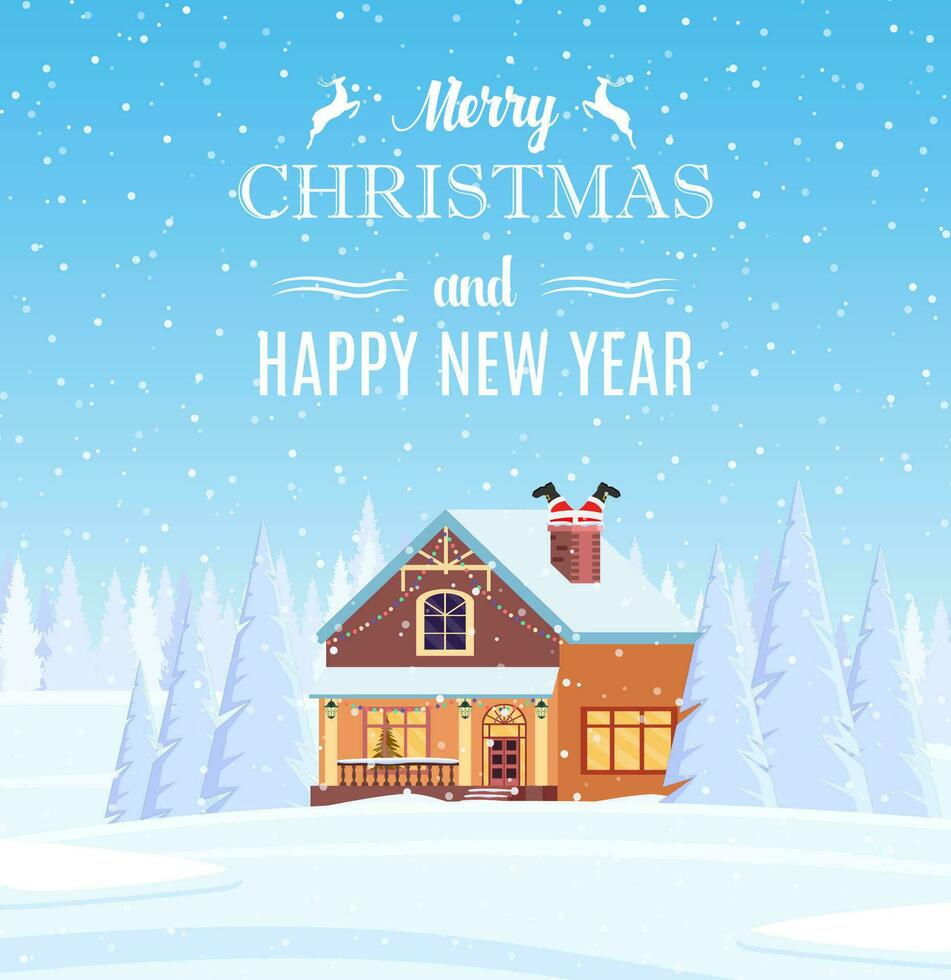 Christmas landscape with house and Santa Claus in the chimney. background with snow and tree. Merry christmas holiday. New year and xmas celebration. Vector illustration in flat style