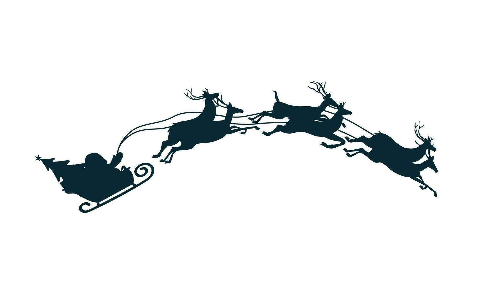 Silhouette of santa claus on sleigh full of gifts and his reindeers. Happy new year decoration. Merry christmas holiday. New year and xmas celebration. Vector illustration in flat style