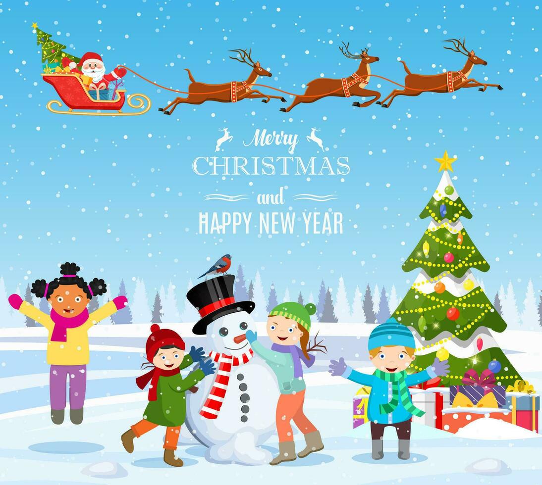 happy new year and merry Christmas greeting card. Christmas landscape. christmas tree. Children building snowman. Winter holidays. Vector illustration in flat style