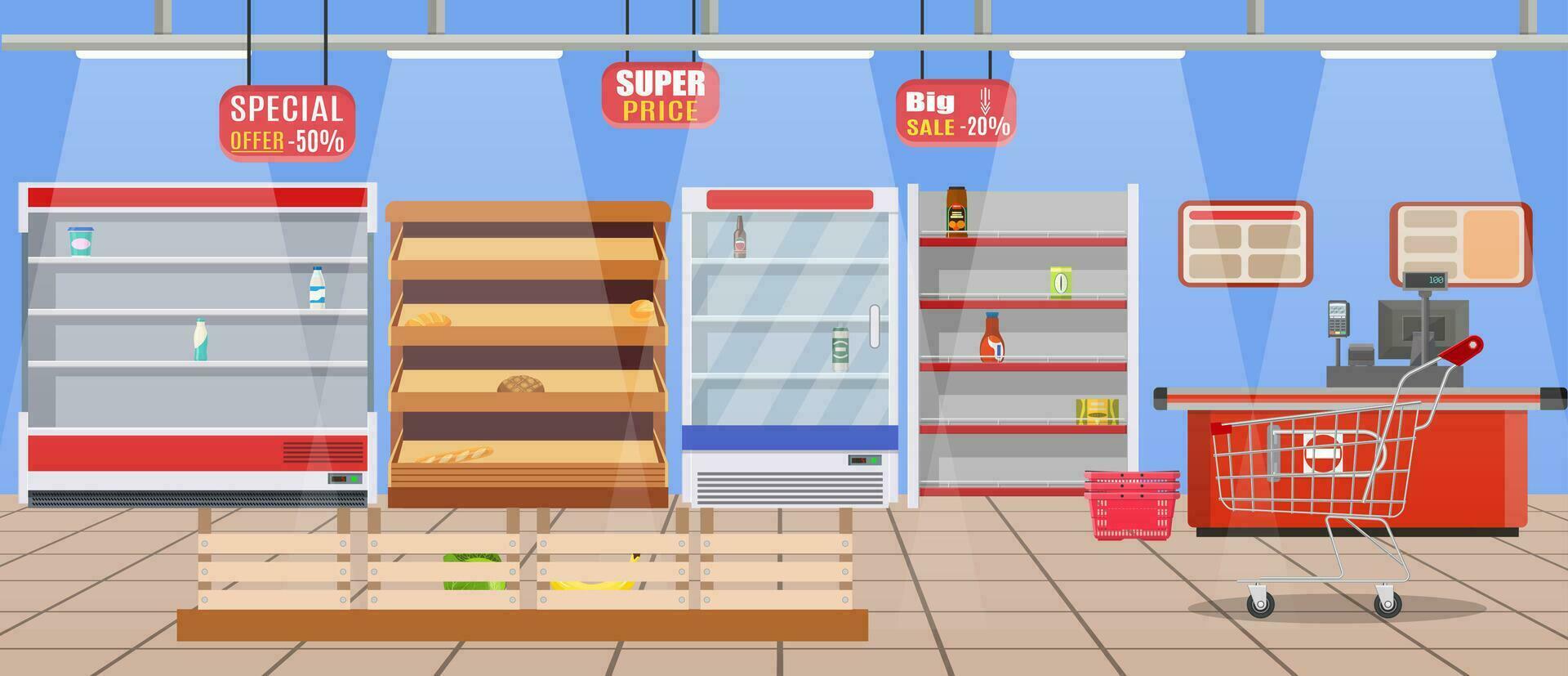 Supermarket store interior with empty store shelves. Big shopping mall. Interior store inside. Checkout counter. Vector illustration in flat style