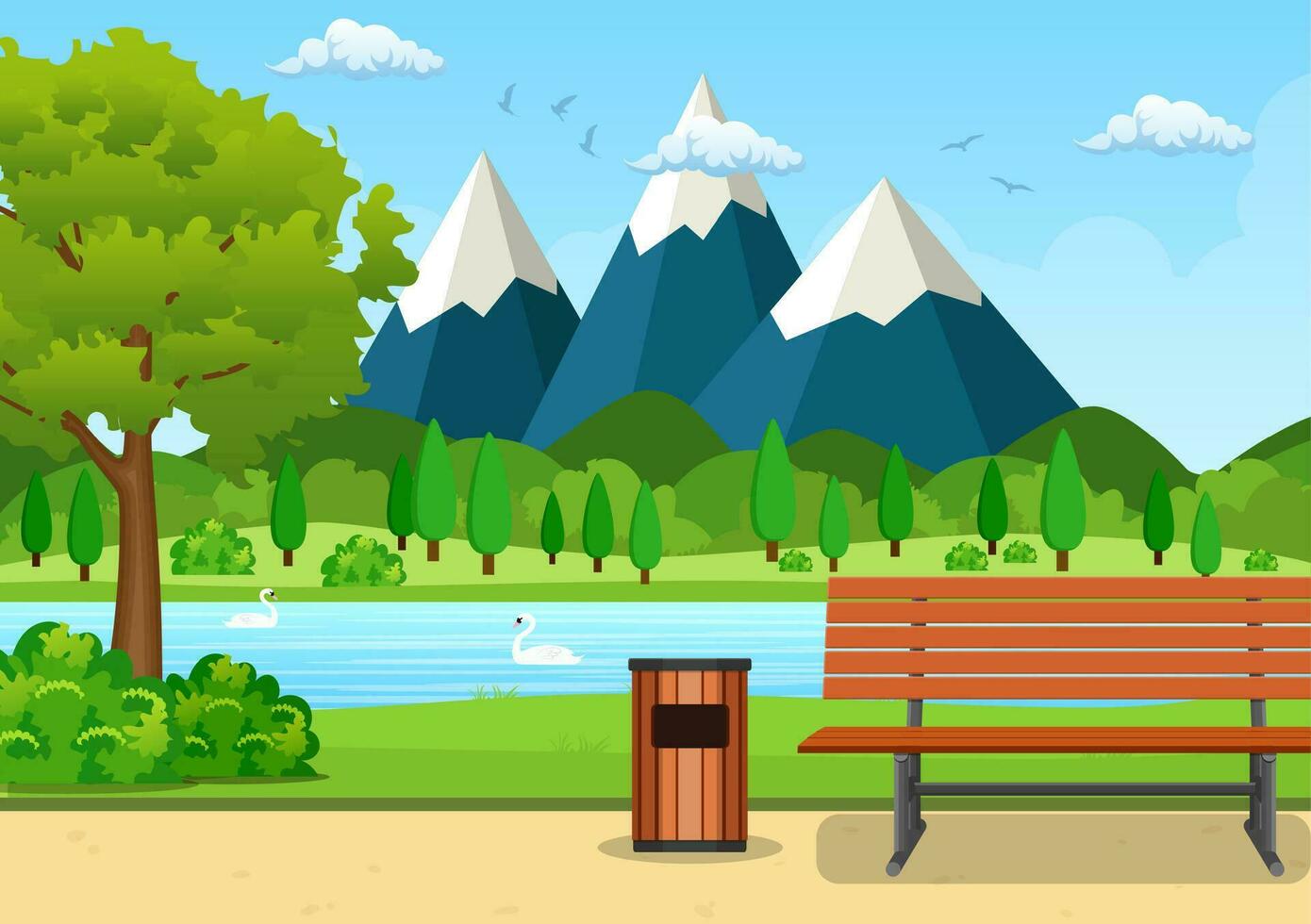 Summer, spring day park vector illustration. Wooden bench, trash bin and street lamp in park trail with lush green trees, bushes and mountains in the background. Vector illustration in flat style