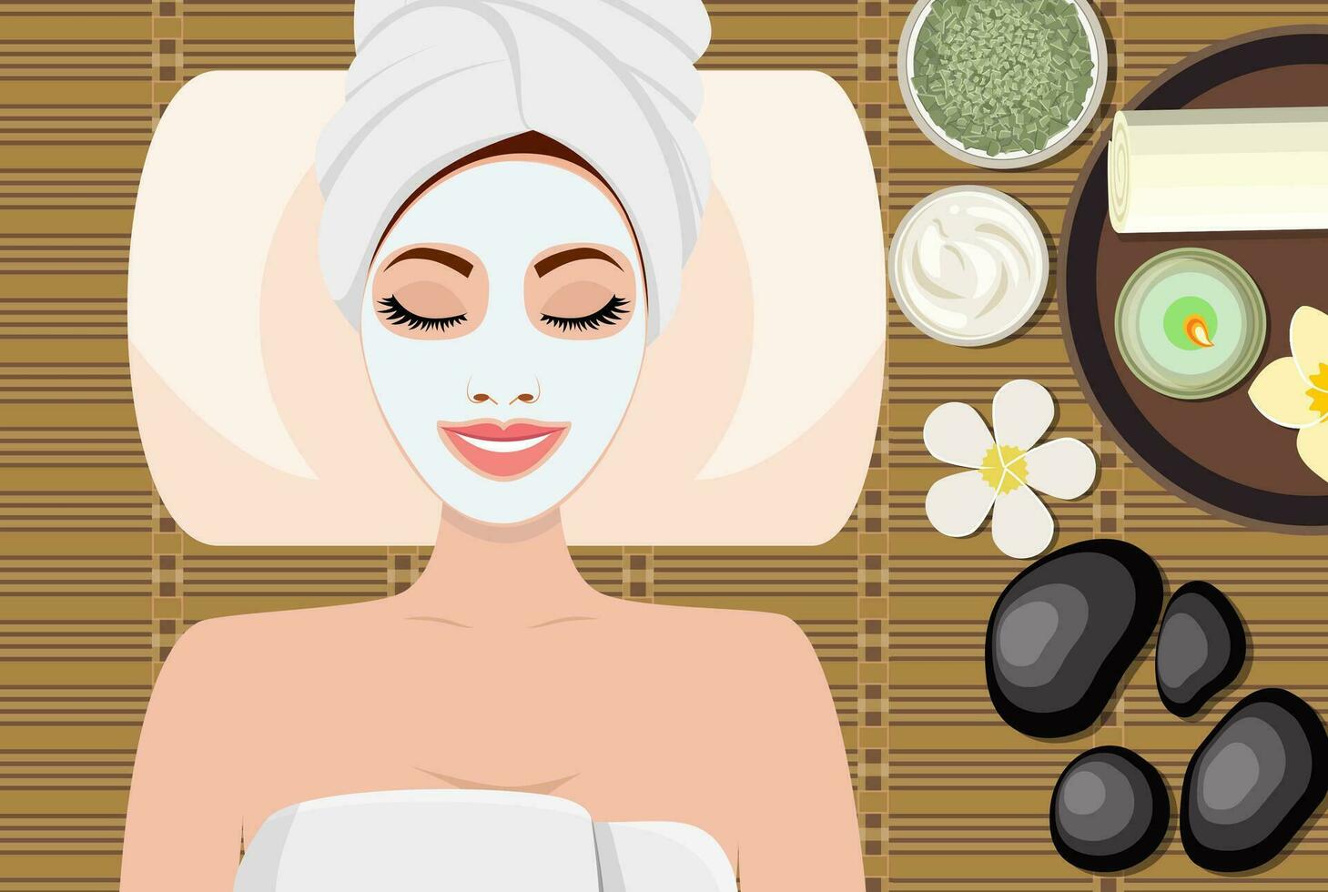 young beautiful woman in spa. Woman getting spa treatment. Girl resting, relaxing. Clean skin, healthy fresh face massage. SPA beauty and health concept. Vector illustration in flat style