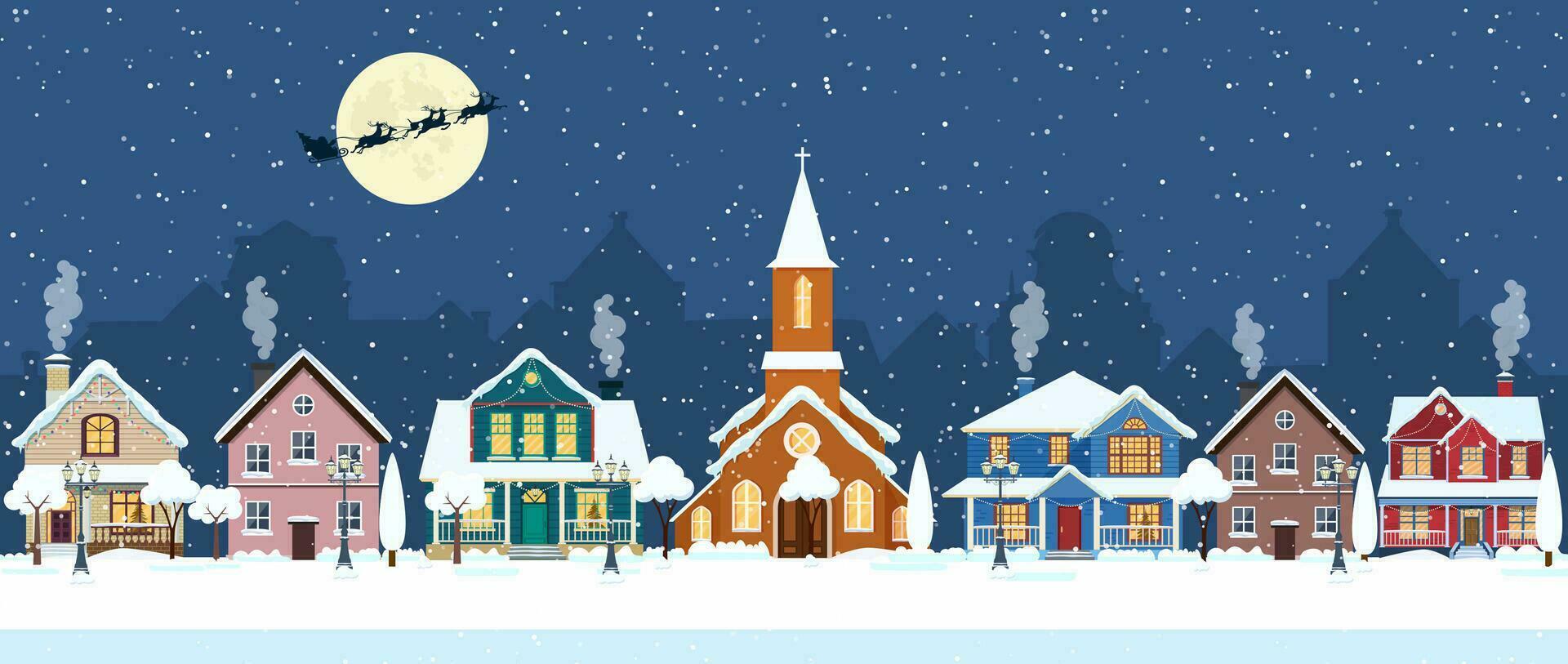 happy new year and merry Christmas winter old town street. christmas town city seamless border panorama. Santa Claus with deers in sky above the city. Vector illustration in flat style