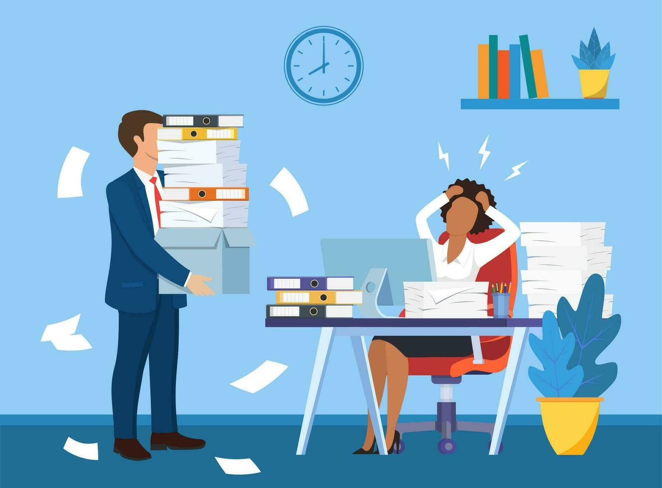 Overworked in the office. black female worker at the desk exhausted with too much paper work, her colleague with full of paper, documents. Vector illustration in flat style
