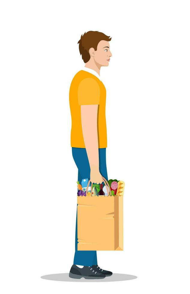 man shopping in supermarket. man hold grocery paper shopping bag with food. Vector illustration in flat style