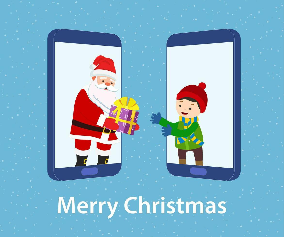 Happy Santa Claus giving a virtual gift to a boy on a video call on smartphone, distant but together Christmas card. Vector illustration flat style