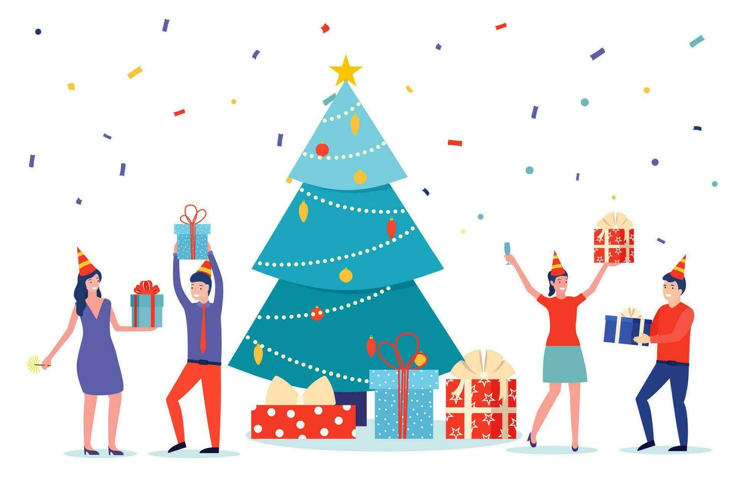 Happy New Year business card. Happy people in santa hat toasting champagne with confetti. Vector illustration in flat style
