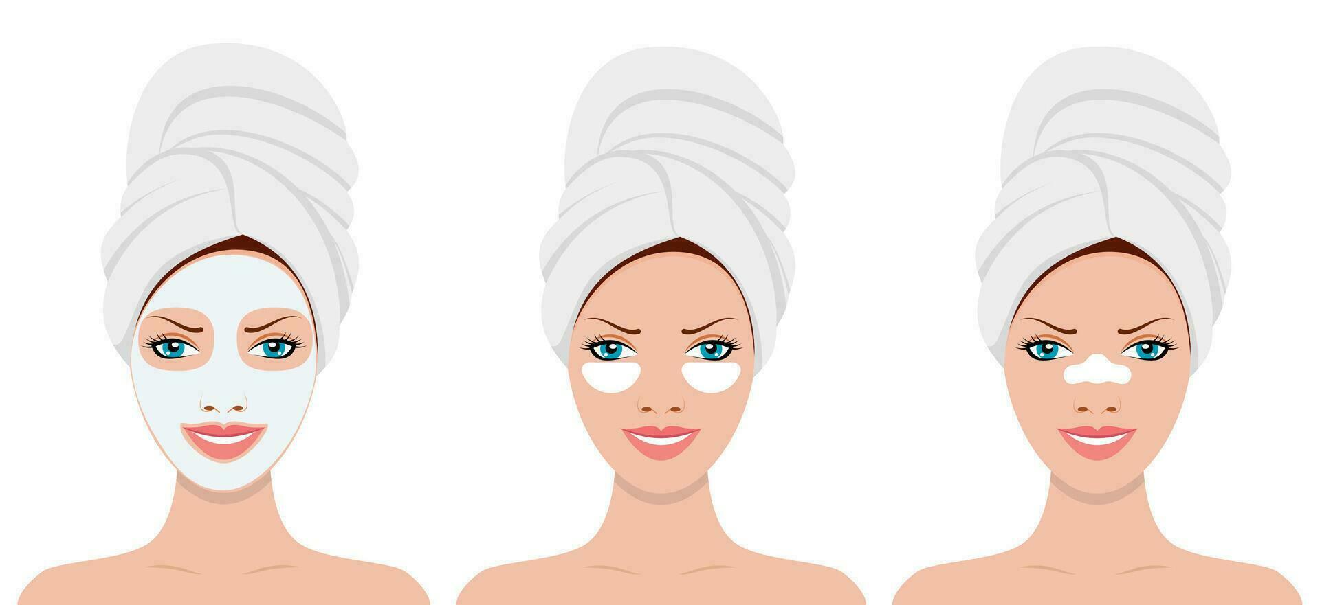 women s head in towel with cosmetic mask on face. SPA beauty and health concept. Vector illustration in flat style