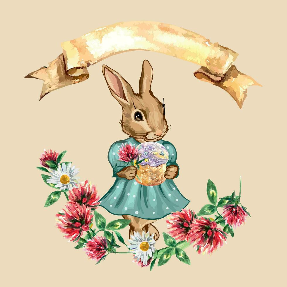 Easter bunny. Postcard with a hare and Easter cake, banner for inserting text. Vector. Clover and chamomile flowers. Design of invitations, flyers, banners. vector