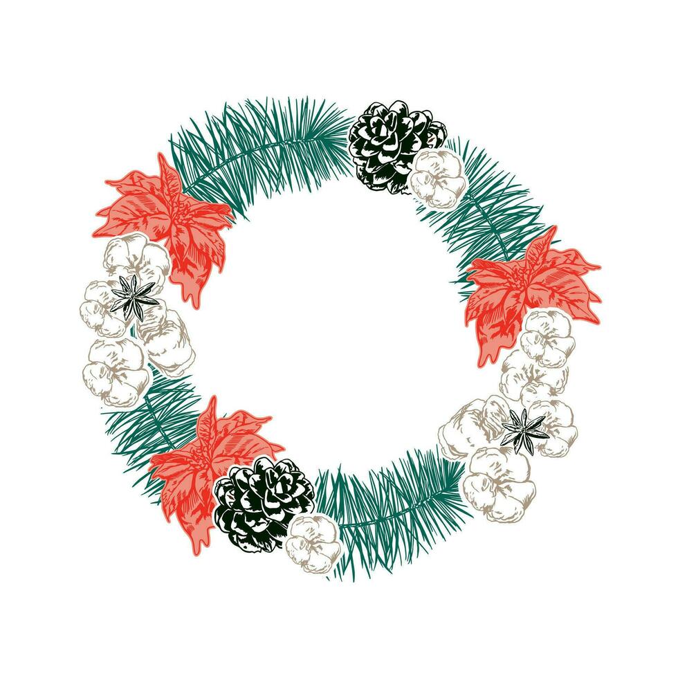 Poinsettia, cotton, pine branch, pine cones. Christmas wreath. Vector illustration. Decor for sale banners, cards, invitations, labels, covers.