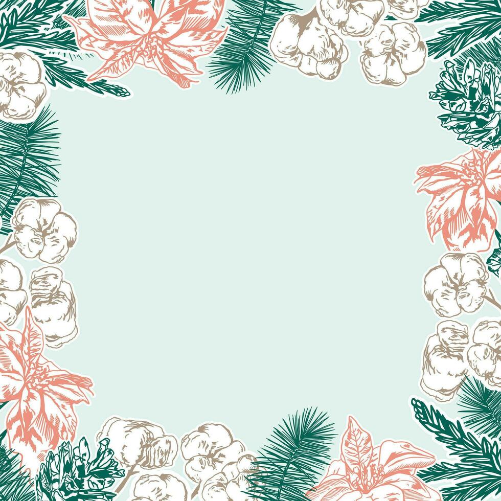 Sale banner, Christmas card. Fir branches, cotton, poinsettia. New Year card. Vector illustration for decor of winter sales, New Year cards, invitations, flyers, tickets, leaflets.