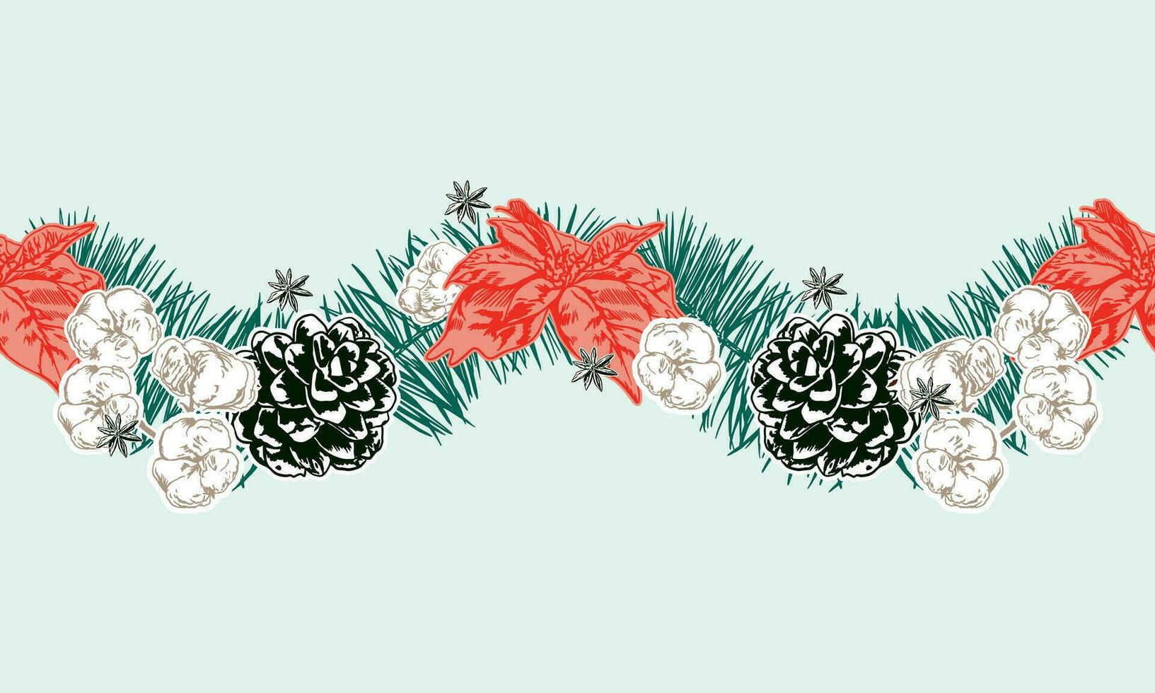 Poinsettia, cotton, pine branch, pine cones. Horizontal seamless border. Vector illustration. Decor for sale banners, cards, invitations, labels.