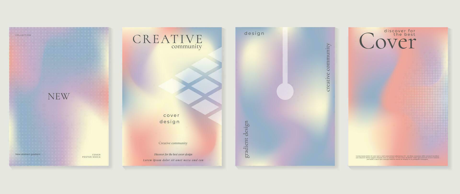 Aesthetic poster design set. Cute gradient holographic background vector with pastel colors, geometric shapes, halftone. Beauty ideal design for social media, cosmetic product, promote, banner, ads.