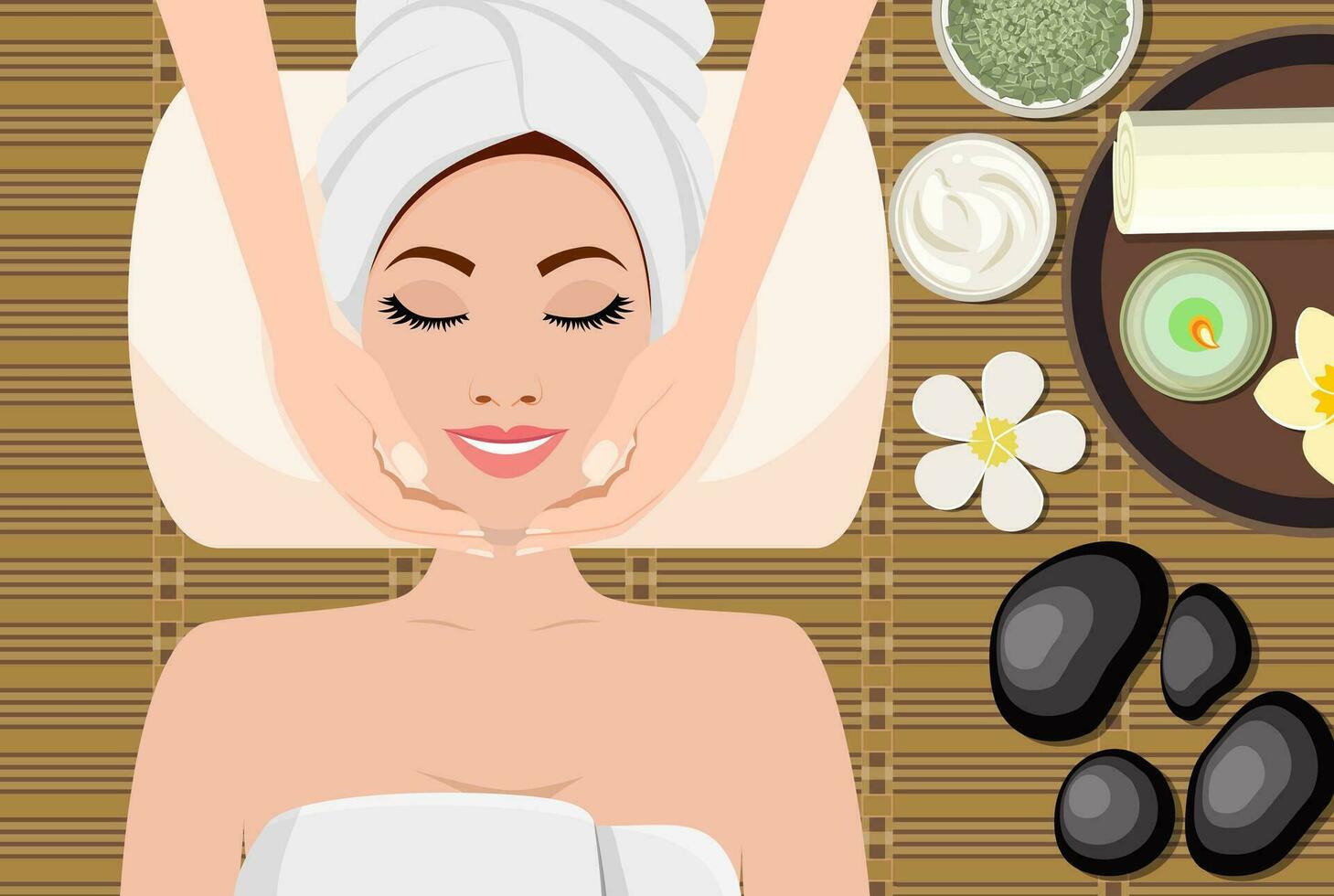 young beautiful woman in spa. Woman getting spa treatment. Girl resting, relaxing. Clean skin, healthy fresh face massage. SPA beauty and health concept. Vector illustration in flat style