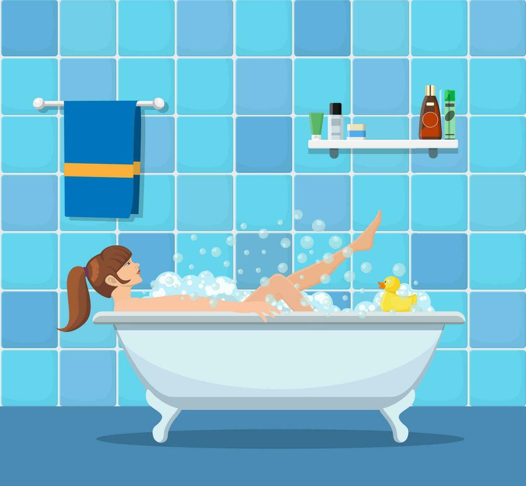 mujer tomando un baño. relajante niña en baño. vector ilustración en plano estilo