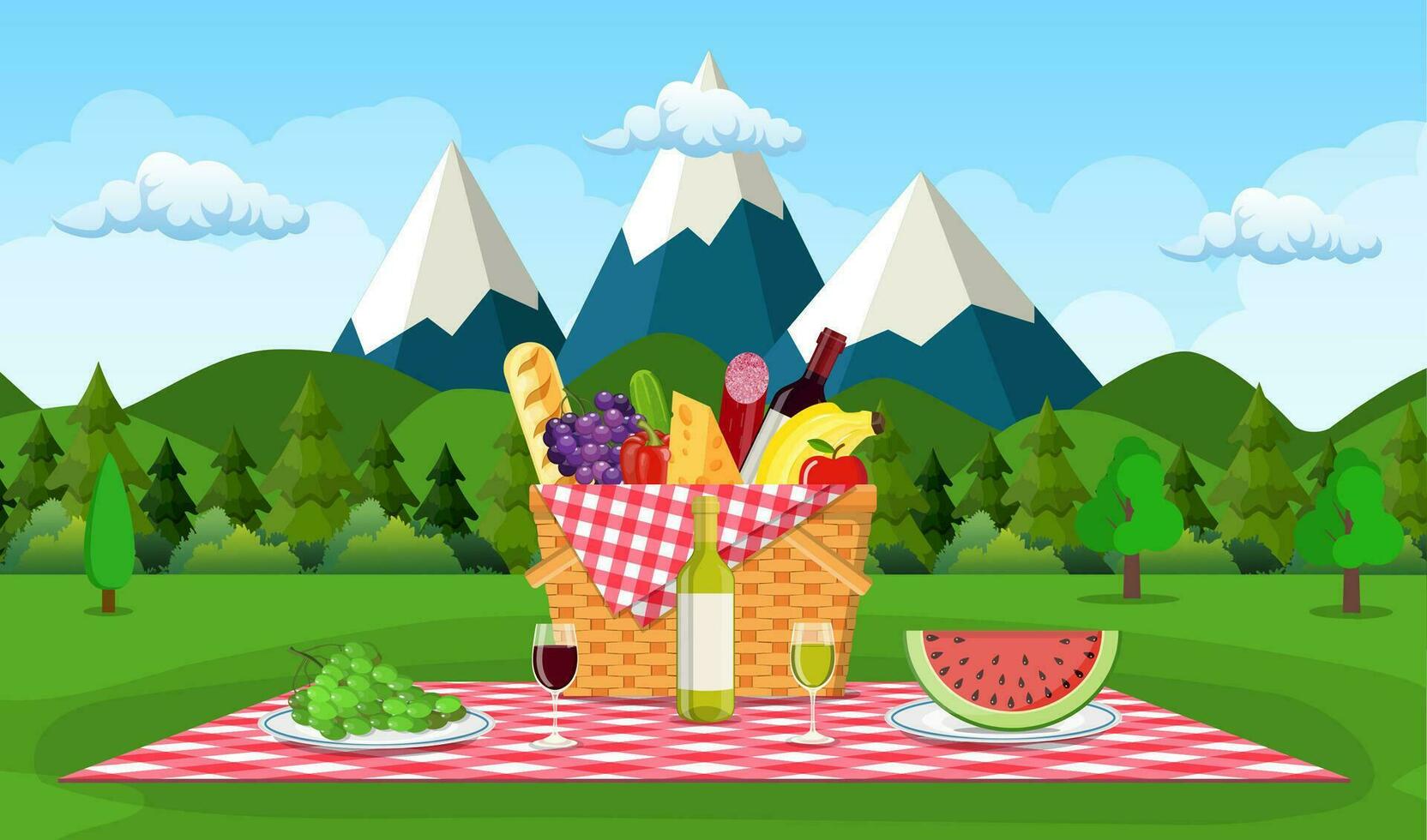 Picnic in the Mountains. WIcker picnic basket full of products. Vector illustration in flat style