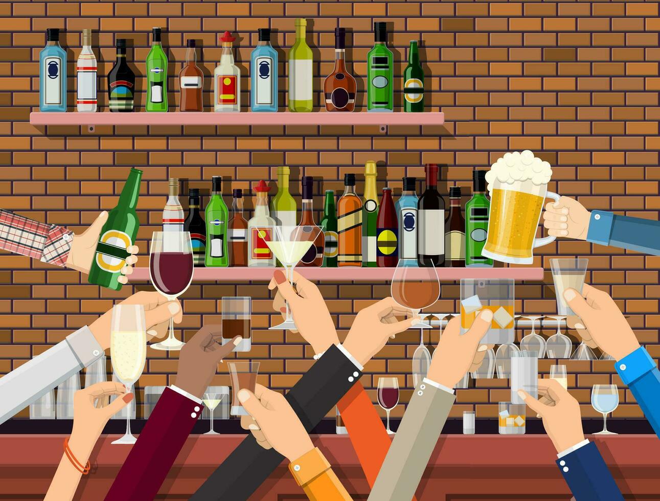 Hands group holding glasses with various drinks. Drinking establishment. Interior of pub cafe or bar. Bar counter, shelves with alcohol bottles. Celebration ceremony. Vector Illustration in flat style