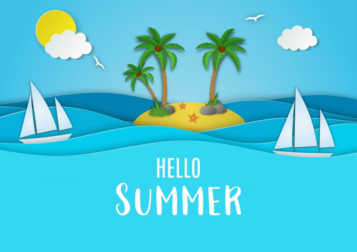 Hello, summer background is perfect for relaxing trips. Sea landscape with beach, waves, clouds. Paper cut out digital craft style. summer background. Vector illustration