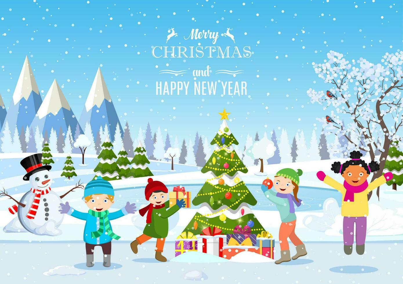 happy new year and merry Christmas greeting card. Christmas landscape. kids decorating a Christmas tree. Winter holidays. Vector illustration in flat style