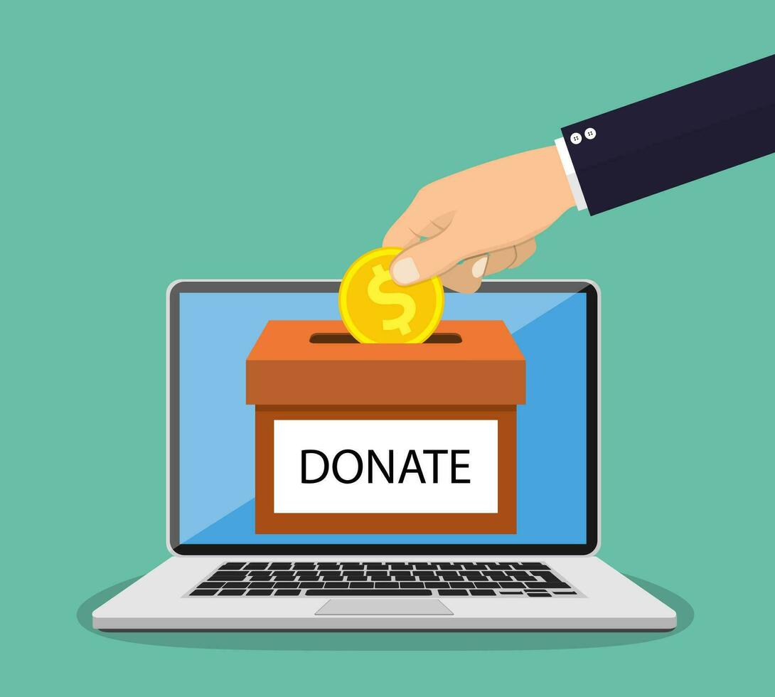 Donate online concept. Hand putting money bill in to the donation box. Vector illustration in flat style