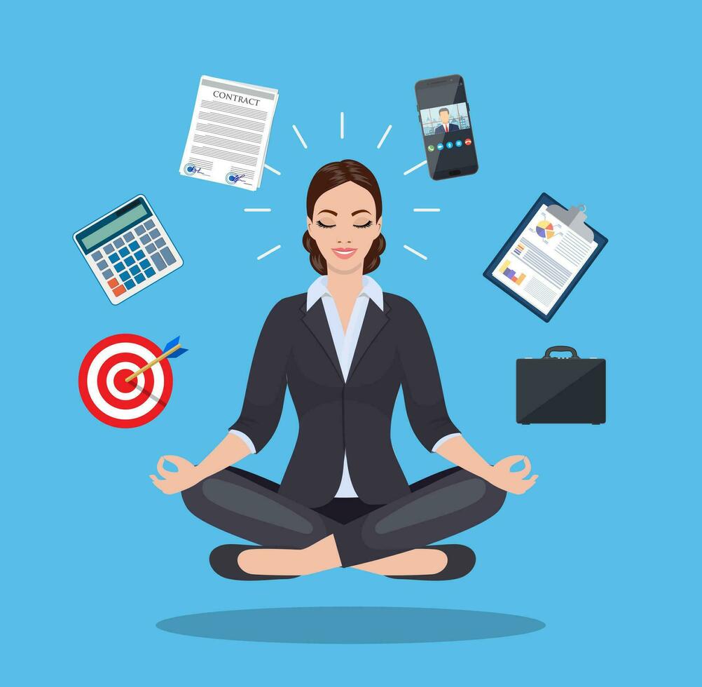 mujer de negocios meditando, hora gestión, estrés alivio y problema resolviendo conceptos, mujer pensando acerca de negocio en loto pose. vector ilustración en plano estilo