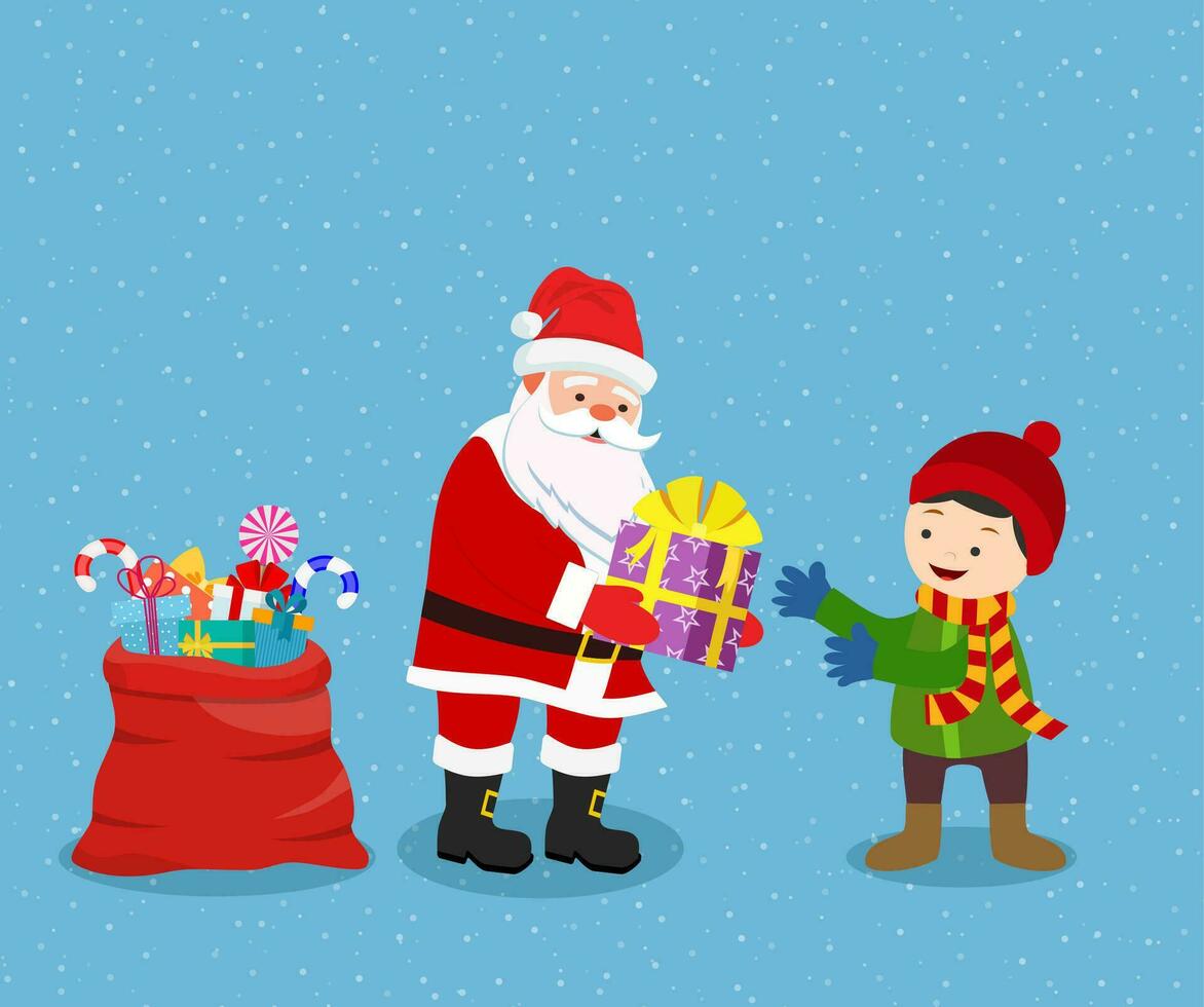 alegre Navidad y contento nuevo año. Papa Noel claus da el chico un regalo. Navidad tarjeta. vector ilustración plano estilo