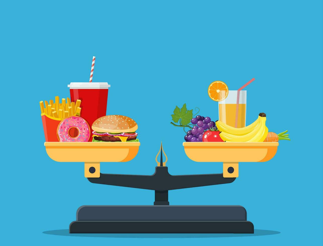 Concept of weight loss, healthy lifestyles, diet, proper nutrition. Vegetables and fast food on scales. Vector illustration in flat style