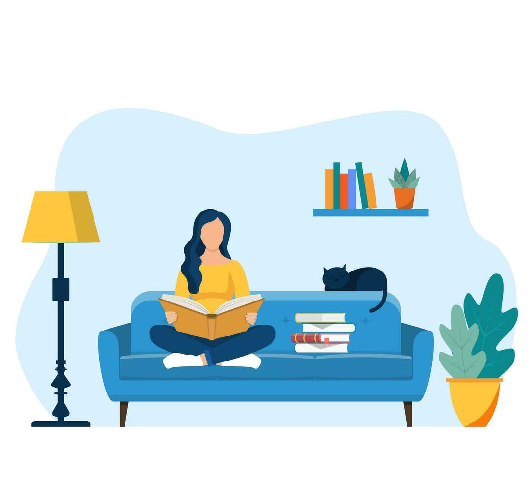 joven mujer leyendo libro en silla a hogar. educación, lectura, estudiando. vector ilustración en plano estilo.