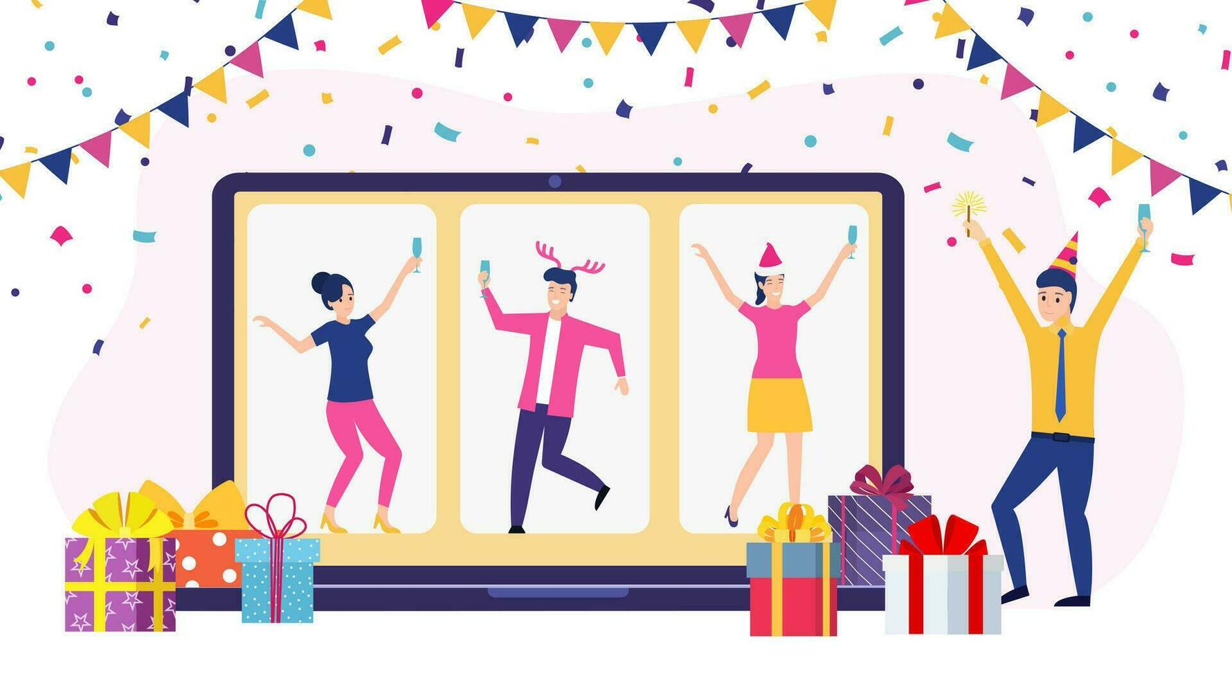 Online party, birthday, meeting friends. People drink wine together in quarantine. Video chat. Birthday party web camera and online holiday. Vector illustration in flat style