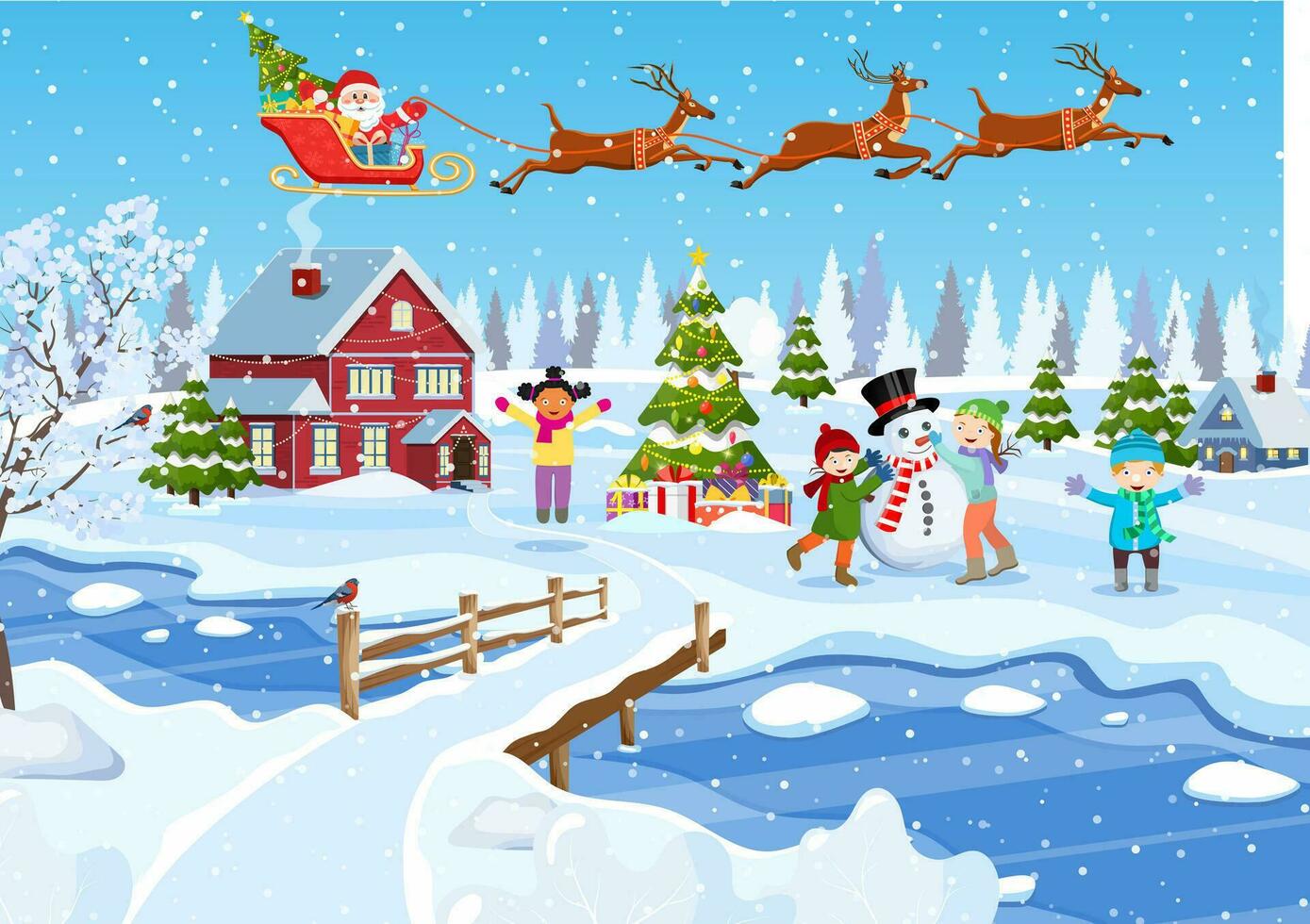 contento nuevo año y alegre Navidad saludo tarjeta. Navidad paisaje. Navidad árbol. niños edificio muñeco de nieve. invierno vacaciones. vector ilustración en plano estilo