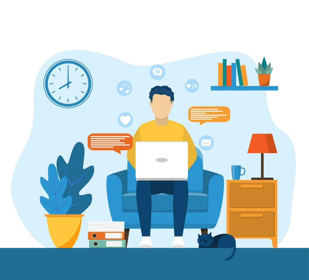 man with laptop sitting on the chair. Freelance or studying concept. web page design template for online education, training and courses, learning, video tutorials. Vector illustration in flat style