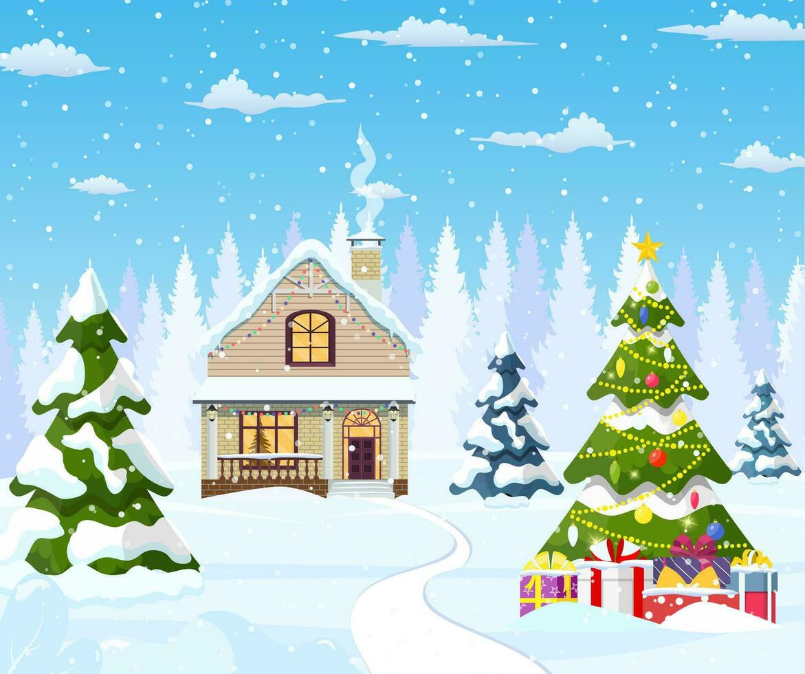 suburbano casa cubierto nieve. edificio en fiesta ornamento. Navidad paisaje árbol abeto. contento nuevo año decoración. alegre Navidad día festivo. nuevo año Navidad celebracion. vector ilustración