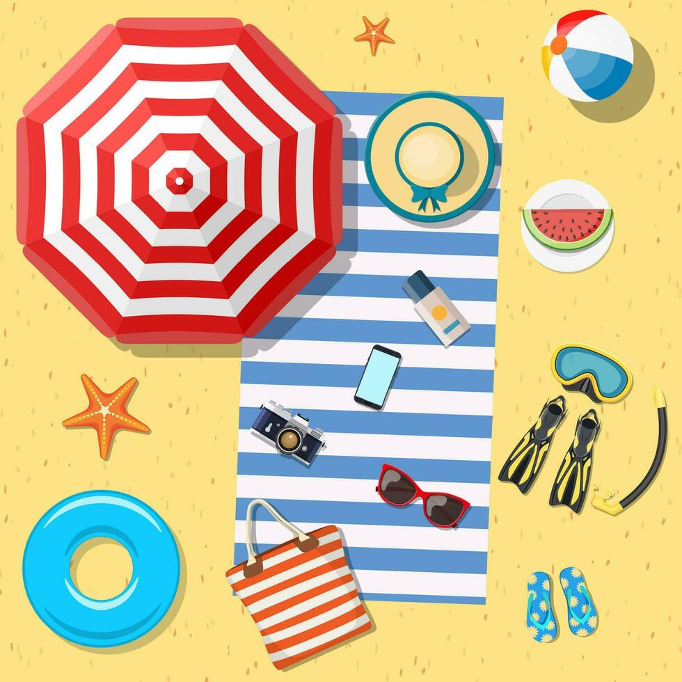 Beach Accessories top lay view on sand. Striped towel, umbrella, flip flops, flippers, float ring, snorkeling mask, bag, sunglasses, sun cream, hat, watermelon Vector illustration in flat style