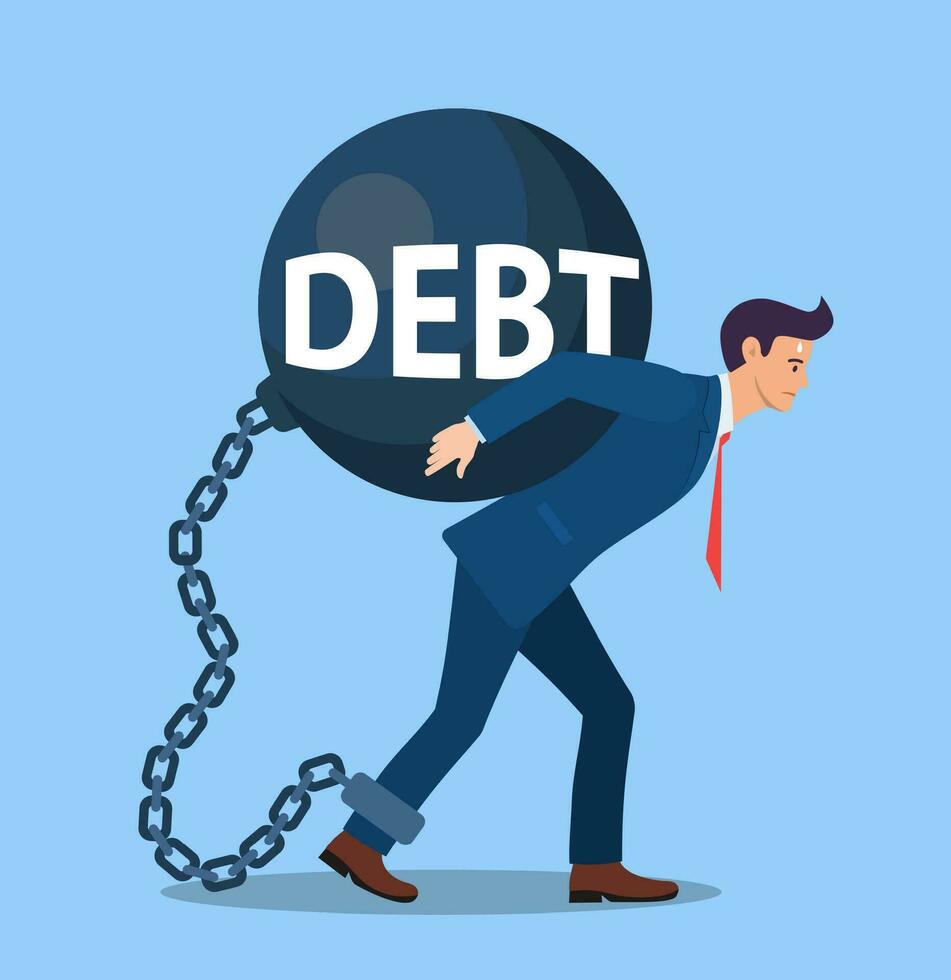business man debt carry on shoulder and worry. global business crisis and recession concept Vector illustration in flat style.