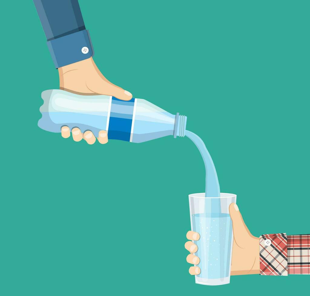 humano es cosecha arriba un vaso de agua desde un el plastico botella. un frio mineral natural beber. vaso y botella participación en mano. vector ilustración en plano estilo