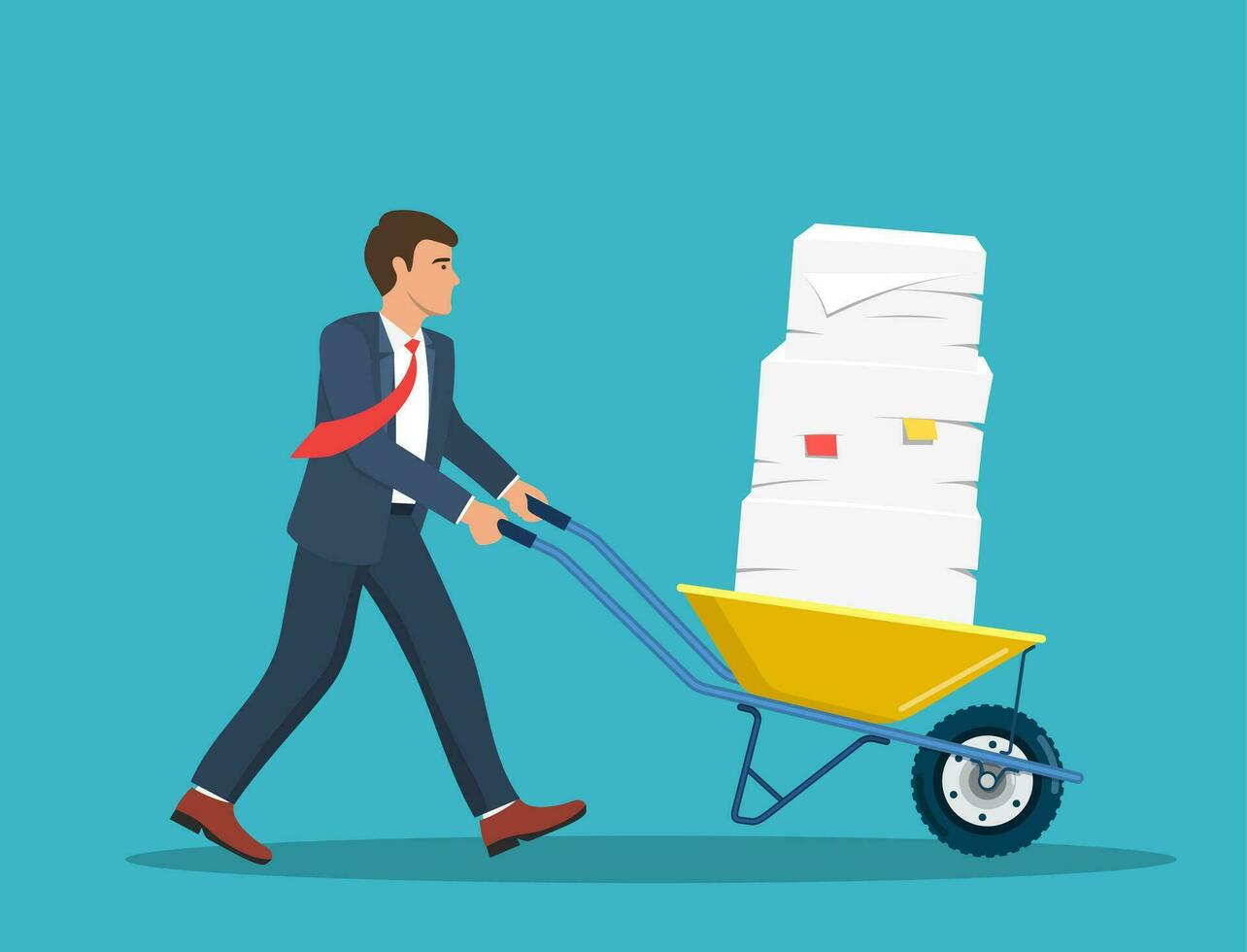 businessman pushing a wheelbarrow full of paper. Vector illustration in flat style