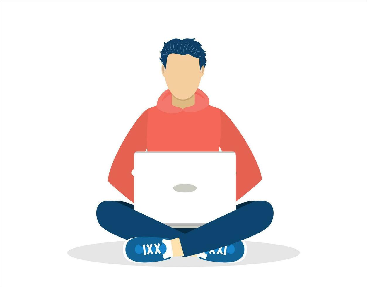 man with laptop sitting isolated on white background with crossed legs. Freelance or studying concept. web page design template for online education, training. Vector illustration in flat style