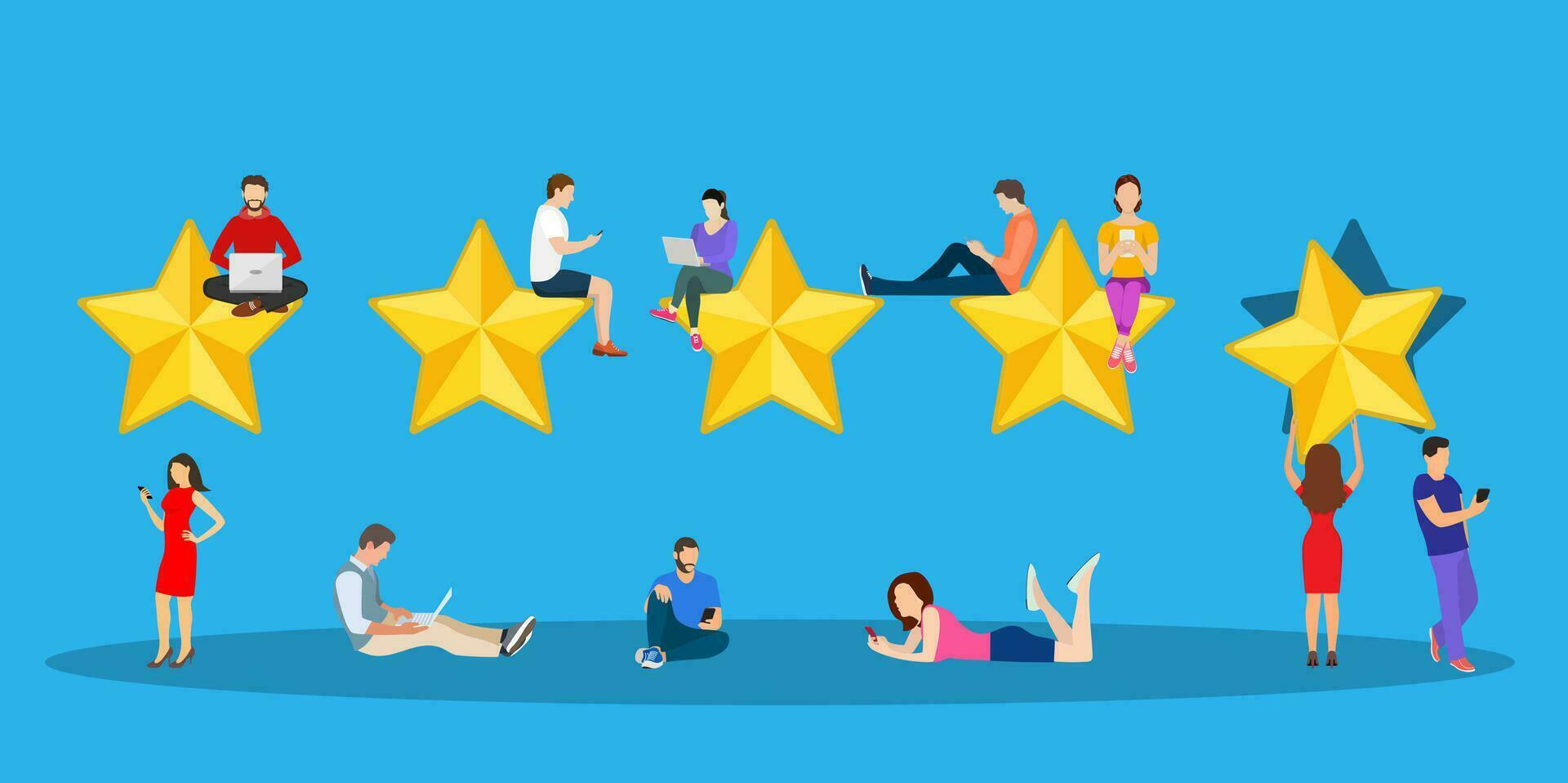 User giving five star rating. feedback review scroll. Star rating. Feedback concept. Evaluation system. Positive review vector