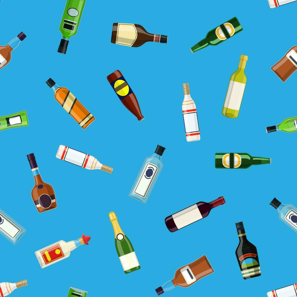 Seamless pattern Background with alcohol bottles. Vodka champagne wine whiskey beer brandy tequila cognac liquor vermouth gin rum absinthe bourbon. Vector illustration in flat style
