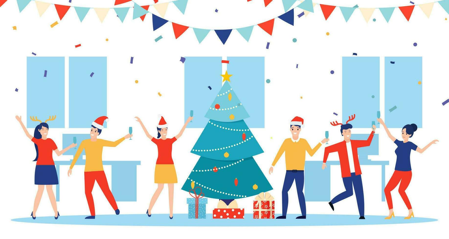New year party in office. Business team celebrate. Vector illustration in flat style